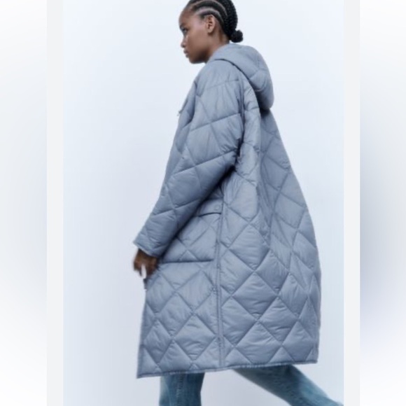 Zara Blue Quilted Puffer Coat Longline - Picture 2 of 11